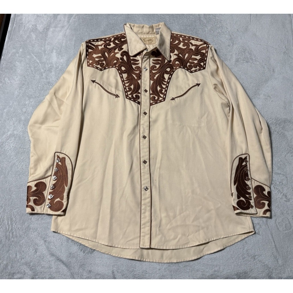 Scully Western Shirt Mens Large Beige Floral Embroidered Button Diamond Snap